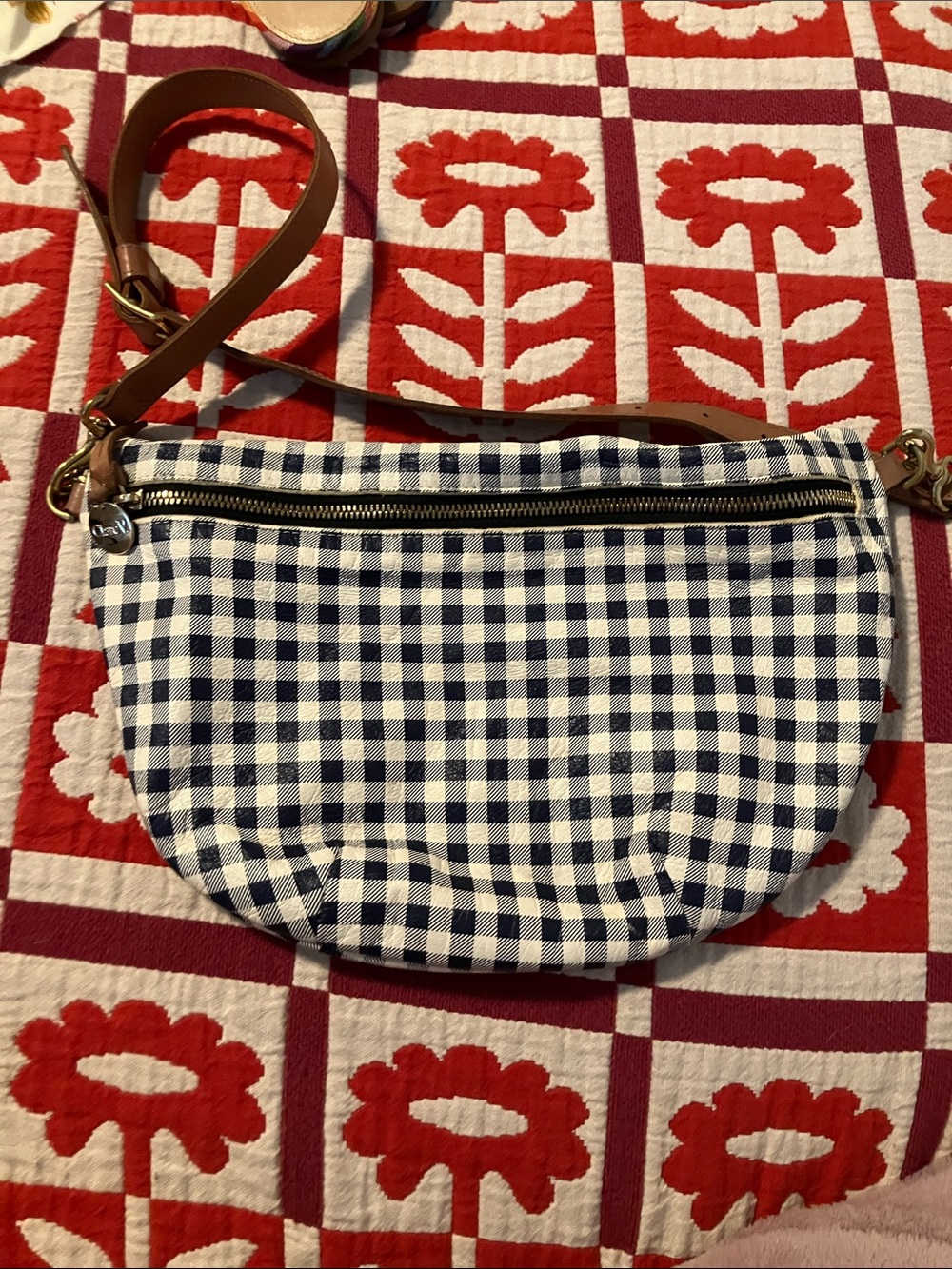 Clare v x Heather Taylor Home Gingham Crossbody Bag with Leather Strap
